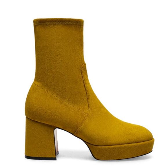 Silent D OTTO 70s Platform Booties Microsuede Ankle Boots Mustard Size 40 9 $150 - Picture 1 of 12